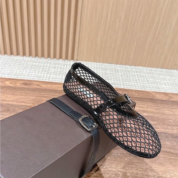 Alaia Black Mesh Mary Jane Flats with Patent Strap - Picture 6 of 7